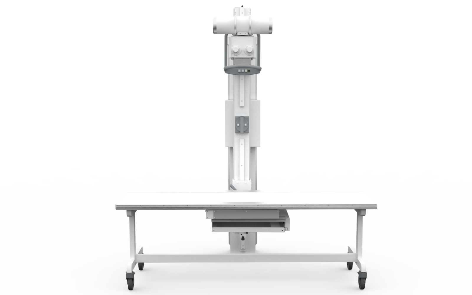 Mobile medical imaging stand with an overhead x-ray tube above an adjustable examination table.