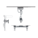 Modern radiography setup: ceiling-mounted c-arm x-ray system with a patient table and side control monitor.