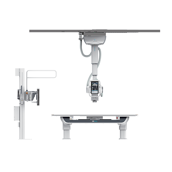 Modern radiography setup: ceiling-mounted c-arm x-ray system with a patient table and side control monitor.