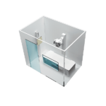 Isometric rendering of a small glass-walled pod with white furniture and a wall-mounted unit inside (modular room).