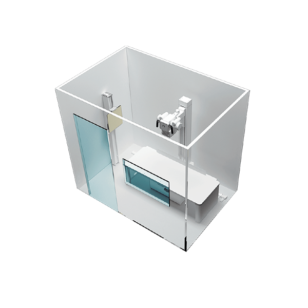Isometric rendering of a small glass-walled pod with white furniture and a wall-mounted unit inside (modular room).