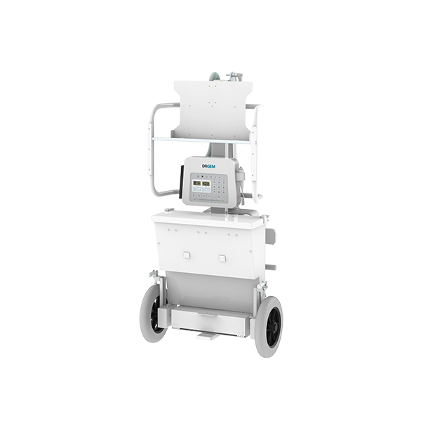 Portable medical x-ray imaging machine on wheels with control panel and display.