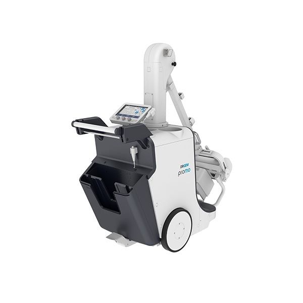 Mobile imaging device on wheels with a raised vertical column and control touchscreen