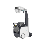 Mobile robotic c-arm x-ray imaging system on wheels with control touchscreen and overhead imaging arm.