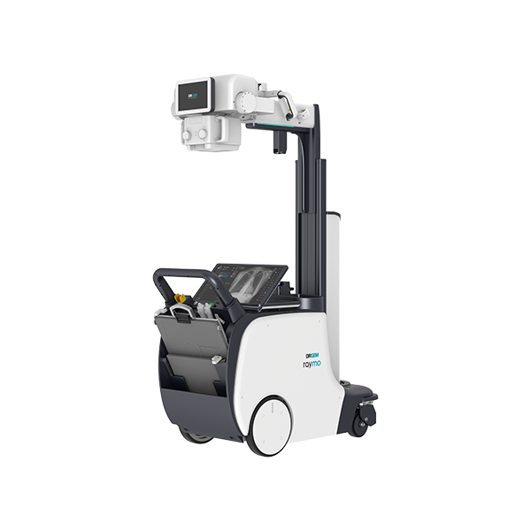 Mobile robotic c-arm x-ray imaging system on wheels with control touchscreen and overhead imaging arm.