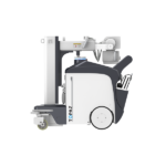 Electric pallet truck with a ride-on operator seat and lifting mast for moving and lifting pallets in a warehouse.