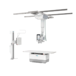 Ceiling-mounted x-ray gantry over a patient table with a control monitor in a radiology suite.