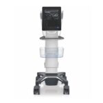 Portable ultrasound machine on a wheeled cart with a large display and transducer probeside by side.