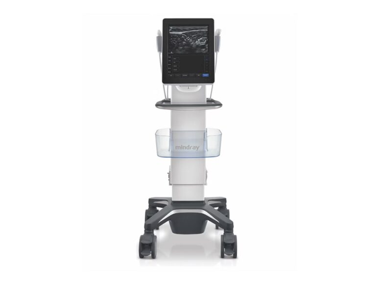 Portable ultrasound machine on a wheeled cart with a large display and transducer probeside by side.