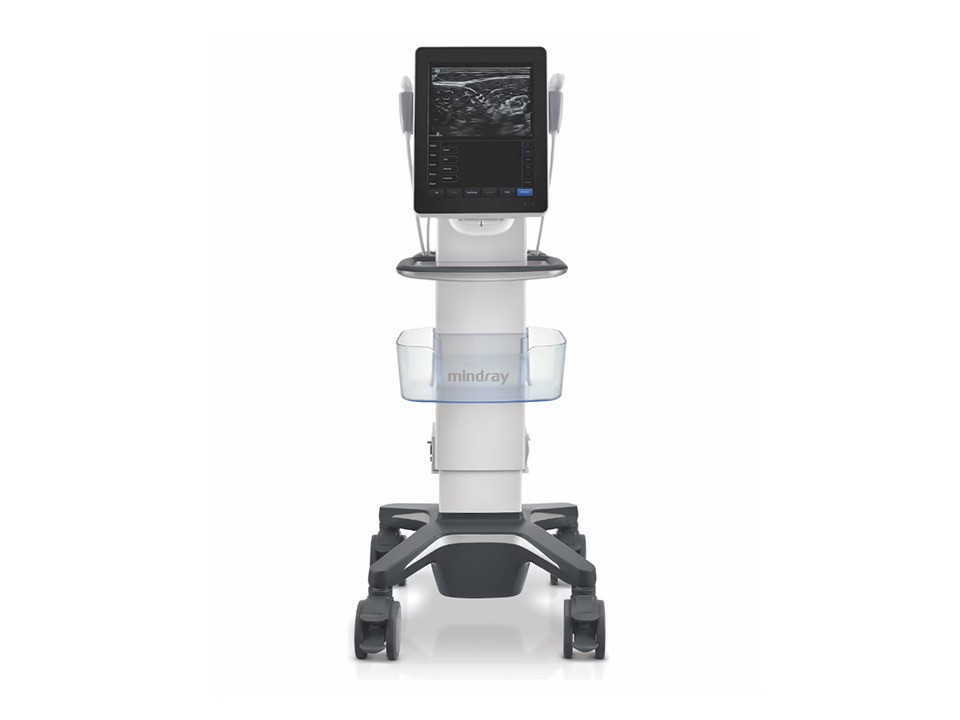 Portable ultrasound machine on a wheeled cart with a large display and transducer probeside by side.