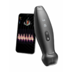 Portable ultrasound probe held beside a smartphone displaying an ultrasound image and waveform on screen with colorful graphing edges.