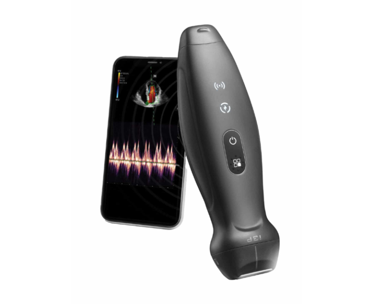 Portable ultrasound probe held beside a smartphone displaying an ultrasound image and waveform on screen with colorful graphing edges.