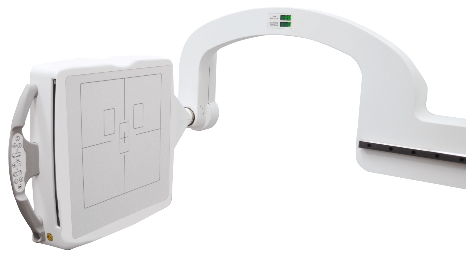 Medical imaging gantry with a curved arch and a patient bed, featuring a side control panel and operating buttons