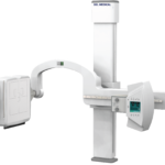 Medical imaging device (x-ray/ct) with a vertical support and control panel, branded 'del medical' at the top.