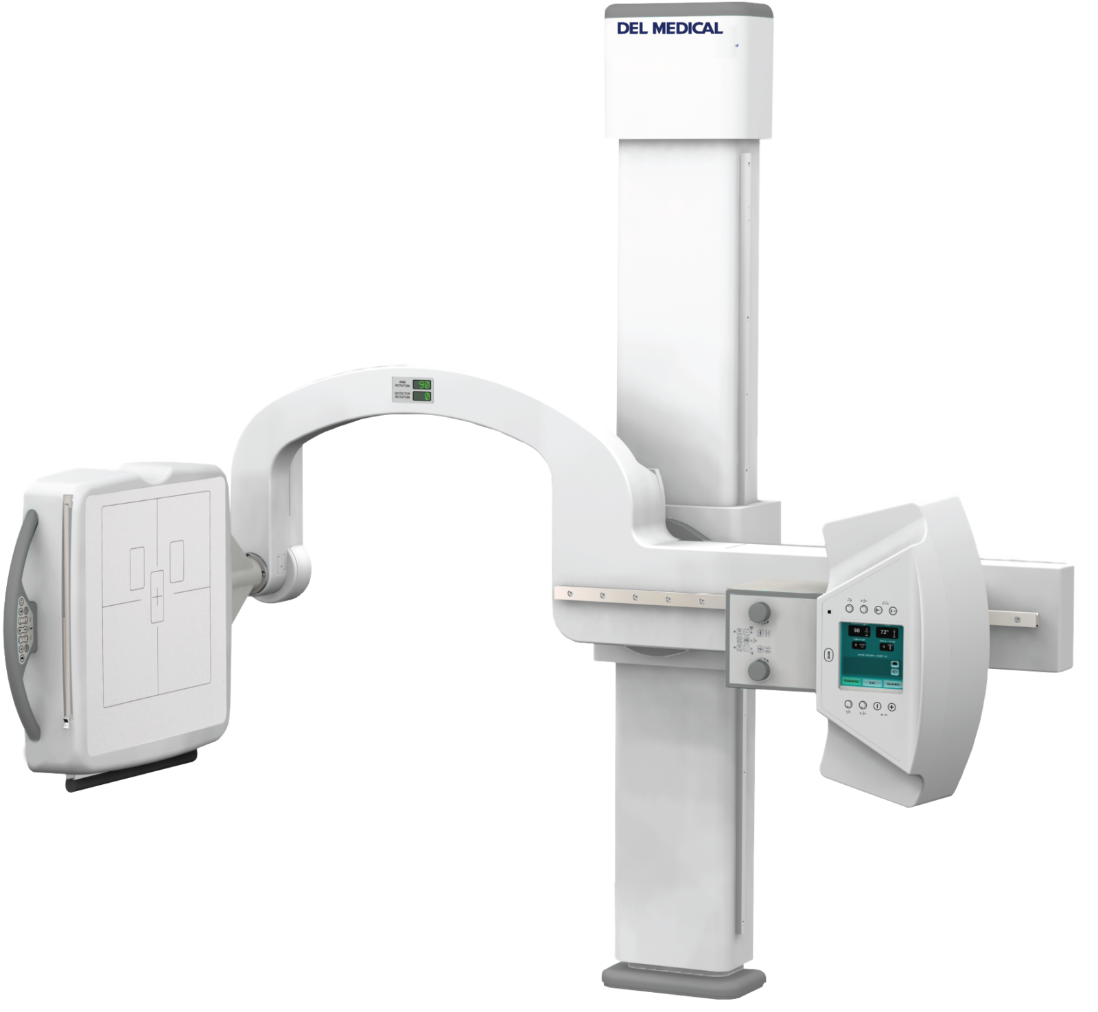 Medical imaging device (x-ray/ct) with a vertical support and control panel, branded 'del medical' at the top.