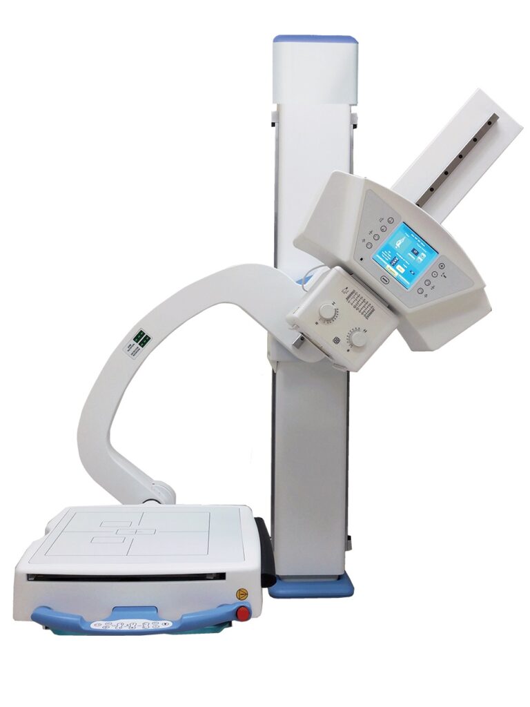 Medical x-ray imaging system with a vertical stand, control panel, and curved imaging arm for diagnostic scans.