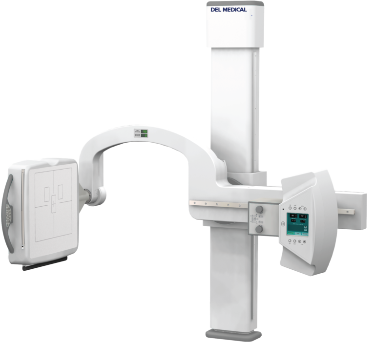 Medical imaging device (x-ray/ct) with a vertical support and control panel, branded 'del medical' at the top.