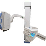 Medical imaging device featuring an articulated arm and control panel against a white background