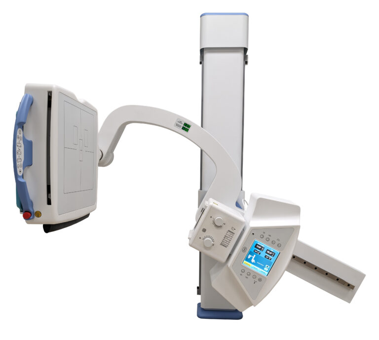 Medical imaging device featuring an articulated arm and control panel against a white background