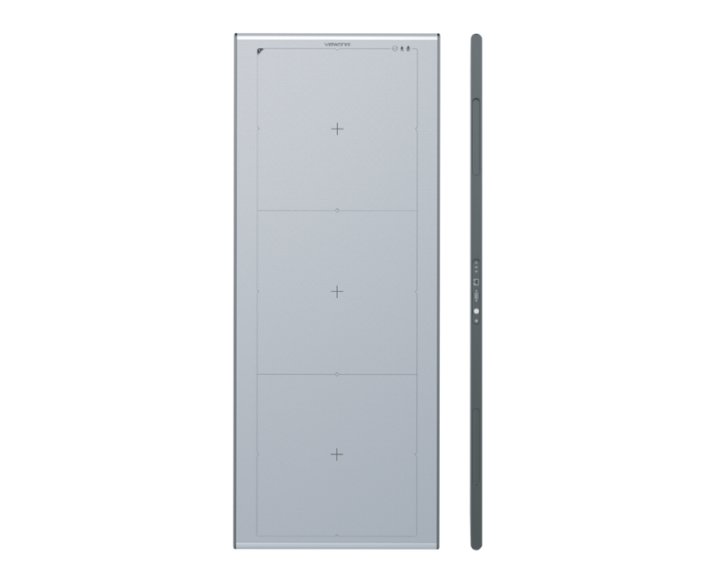 Tall, four-panel vertical display unit with a slim side profile showing ports/controls