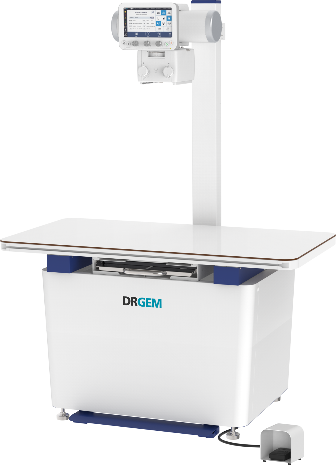Drgem x-ray imaging system with a tall stand, horizontal patient table, and a control console mounted above the table edge.