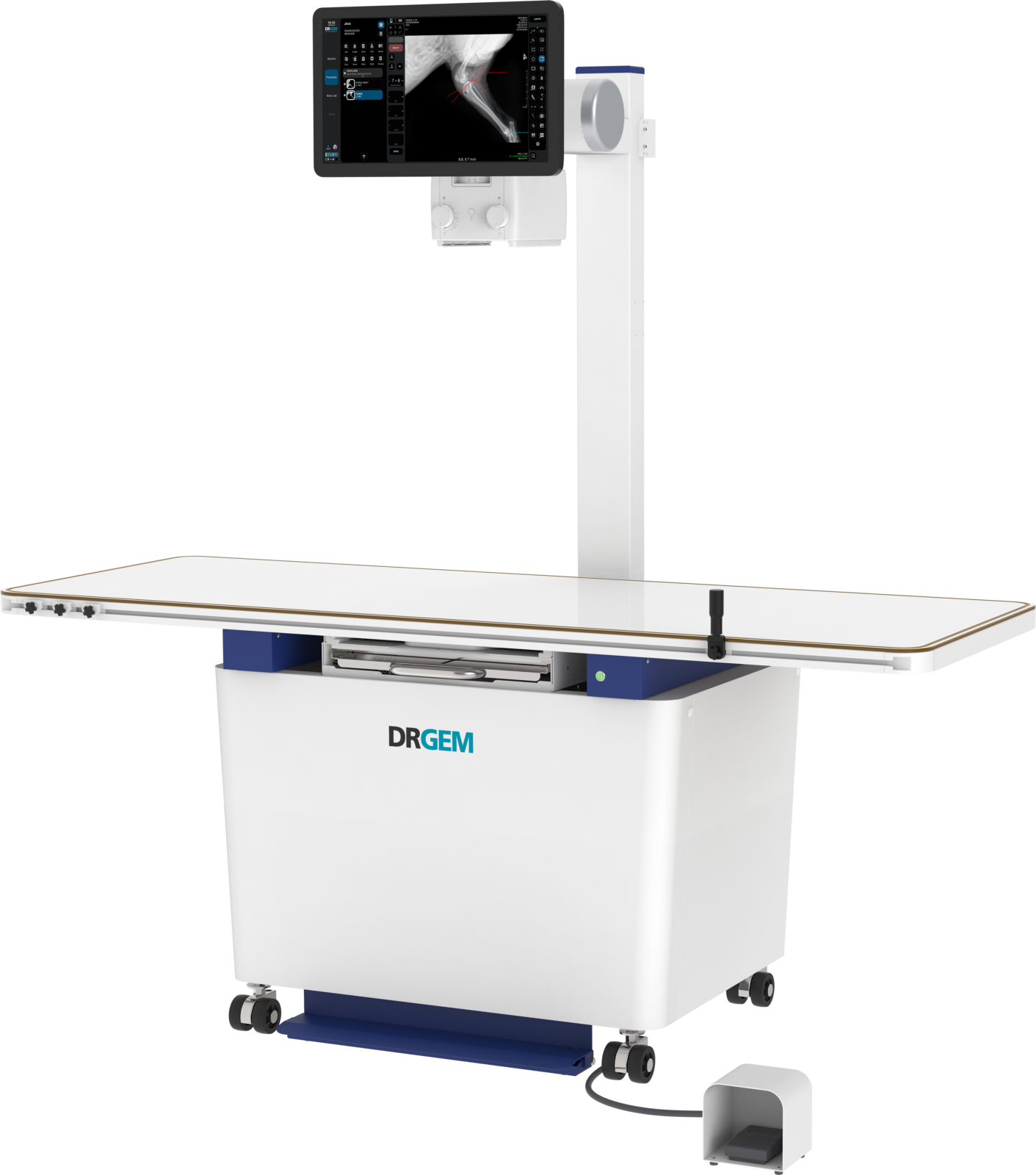 Medical imaging device with a wall-mounted, high-resolution monitor on a vertical support, part of a mobile radiography stand (drgem logo visible).