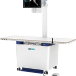 Medical imaging device with a wall-mounted, high-resolution monitor on a vertical support, part of a mobile radiography stand (drgem logo visible).