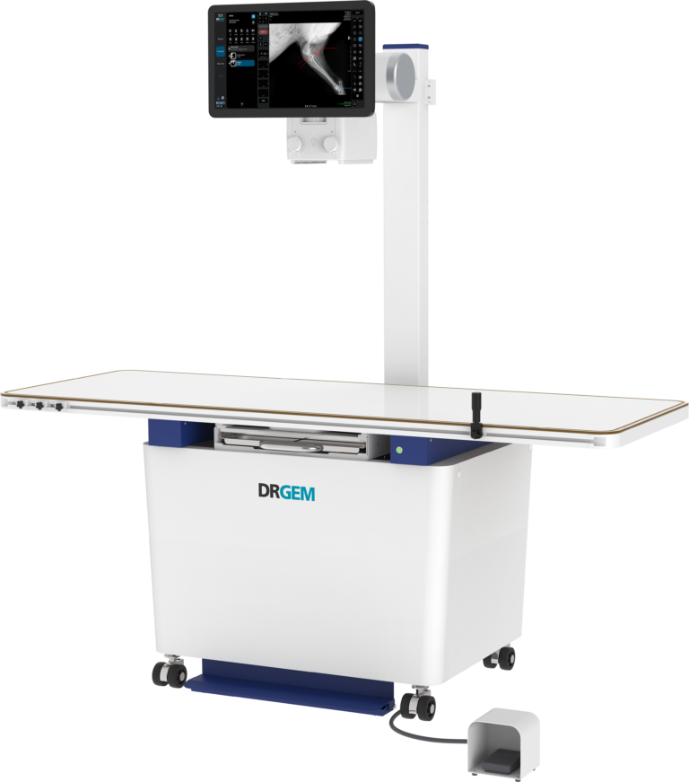 Medical imaging device with a wall-mounted, high-resolution monitor on a vertical support, part of a mobile radiography stand (drgem logo visible).