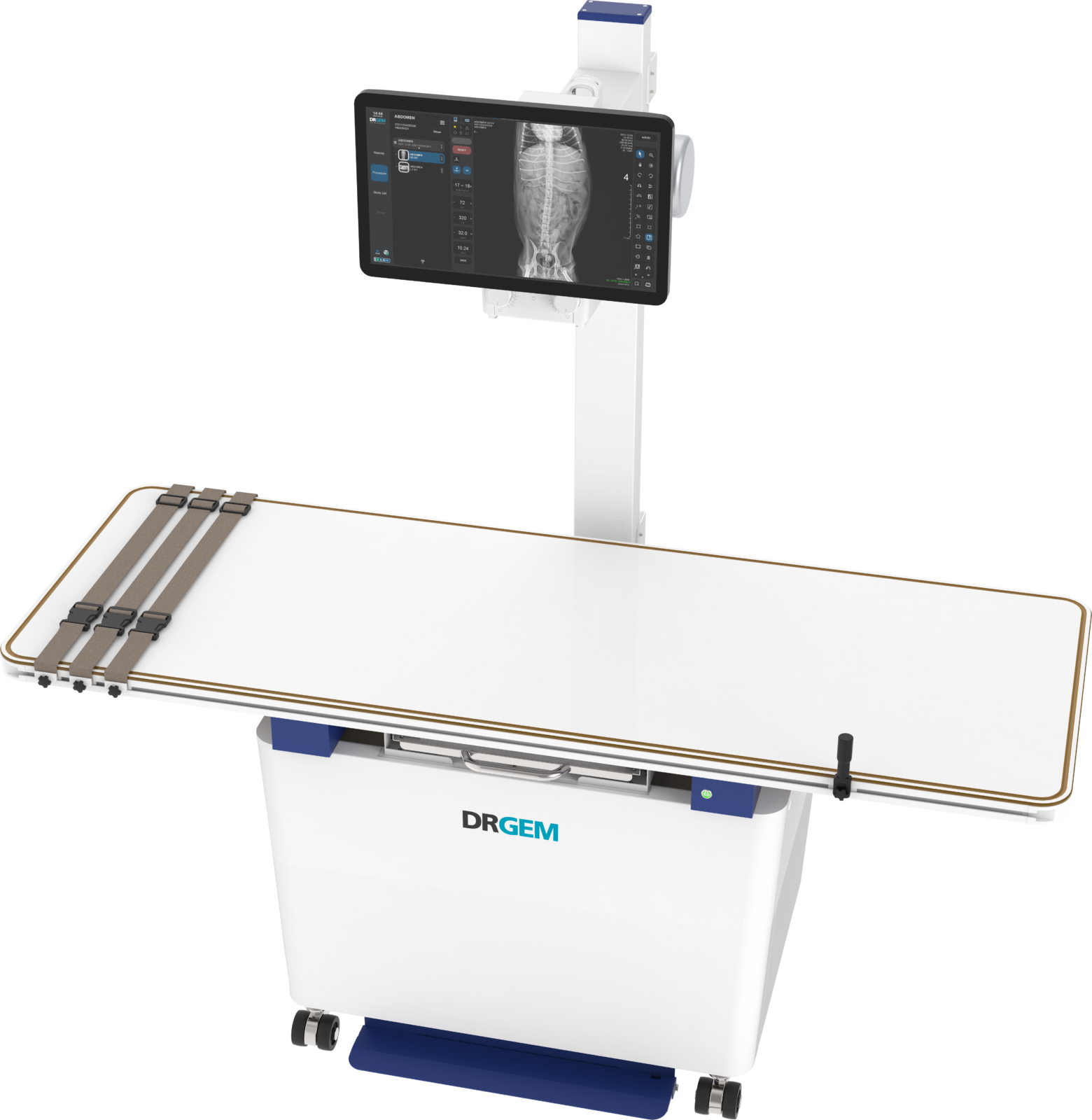 Medical imaging device with a tablet-style screen showing a spine x-ray on a stand behind a white unit (drgem).