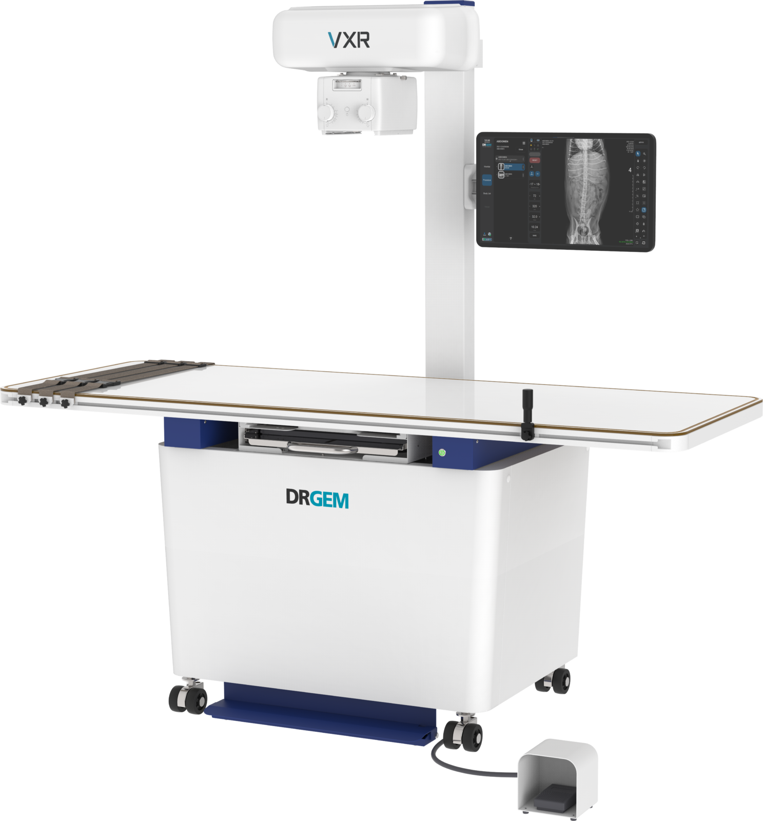 Medical x-ray imaging system with a tall vertical column, a curved overhead unit bearing the drgem logo, and a side screen displaying a spine x-ray image for radiography.