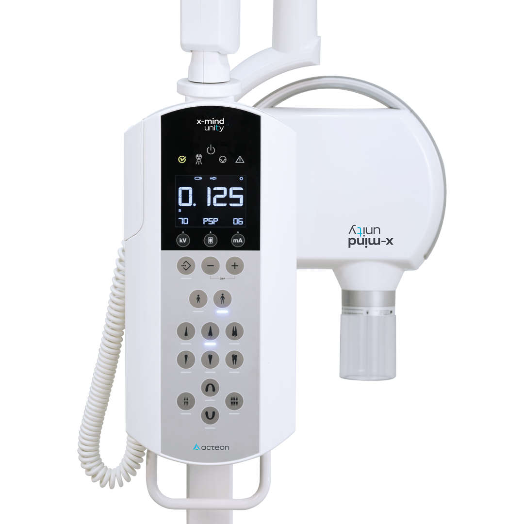 Panoramic dental x-ray machine with a white control panel and arm.