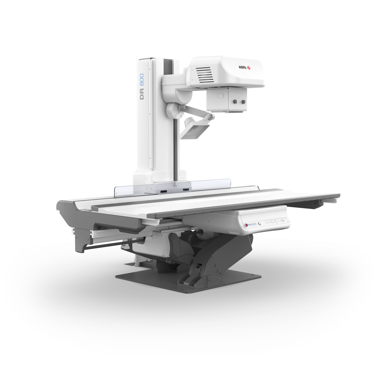 Radiography x-ray machine mounted on an adjustable vertical stand with a patient table below, labeled agfa on the unit's housing.