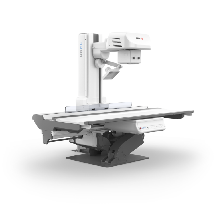 Radiography x-ray machine mounted on an adjustable vertical stand with a patient table below, labeled agfa on the unit's housing.