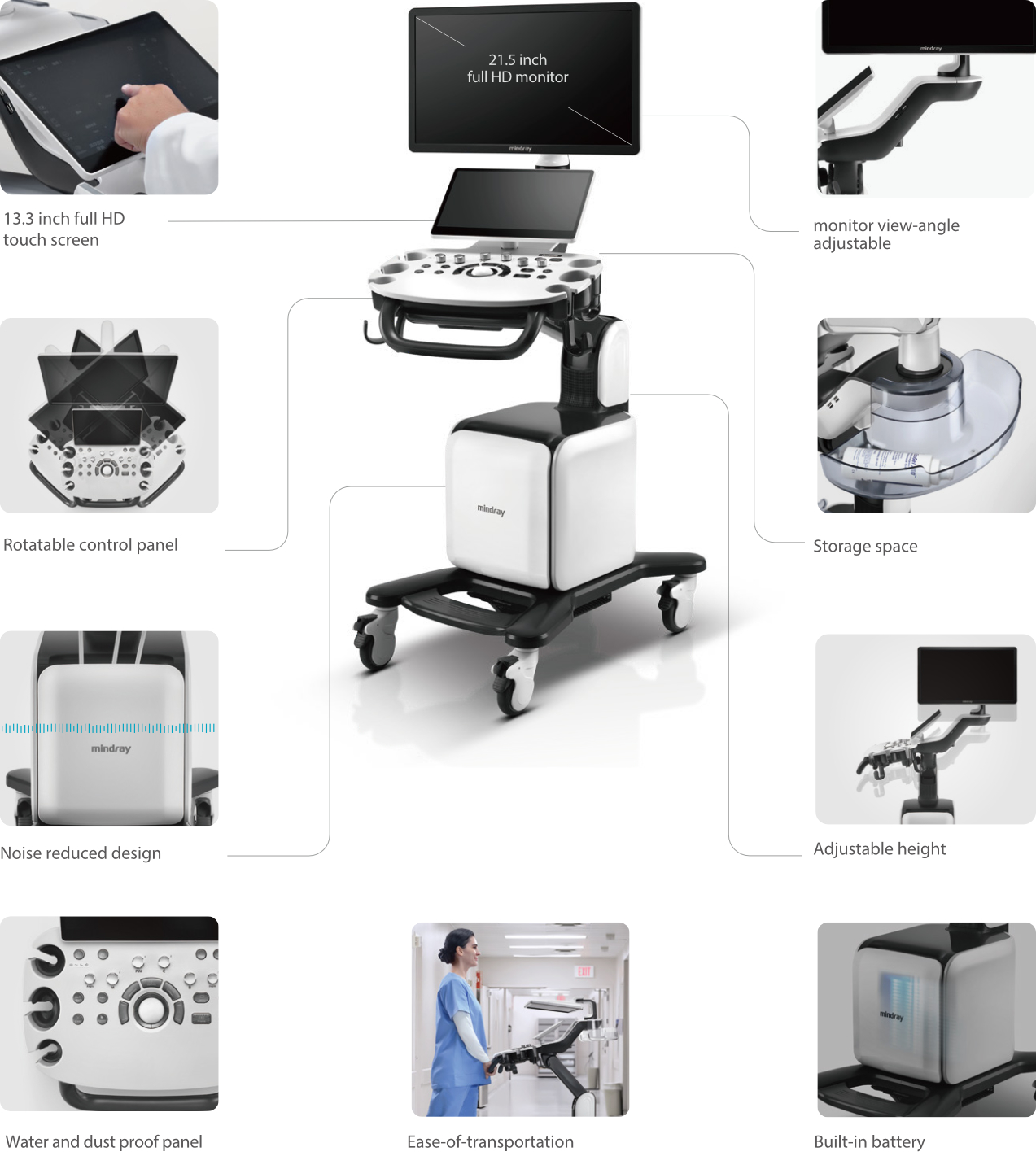 Mindray ultrasound system on a wheeled cart with a 13. 3-inch touch screen