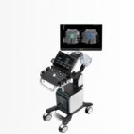 Portable ultrasound machine on a wheeled cart with a monitor, control panel, and transducer probes.