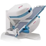 Medical imaging scanner with an adjustable patient table for radiology exams, white and blue.