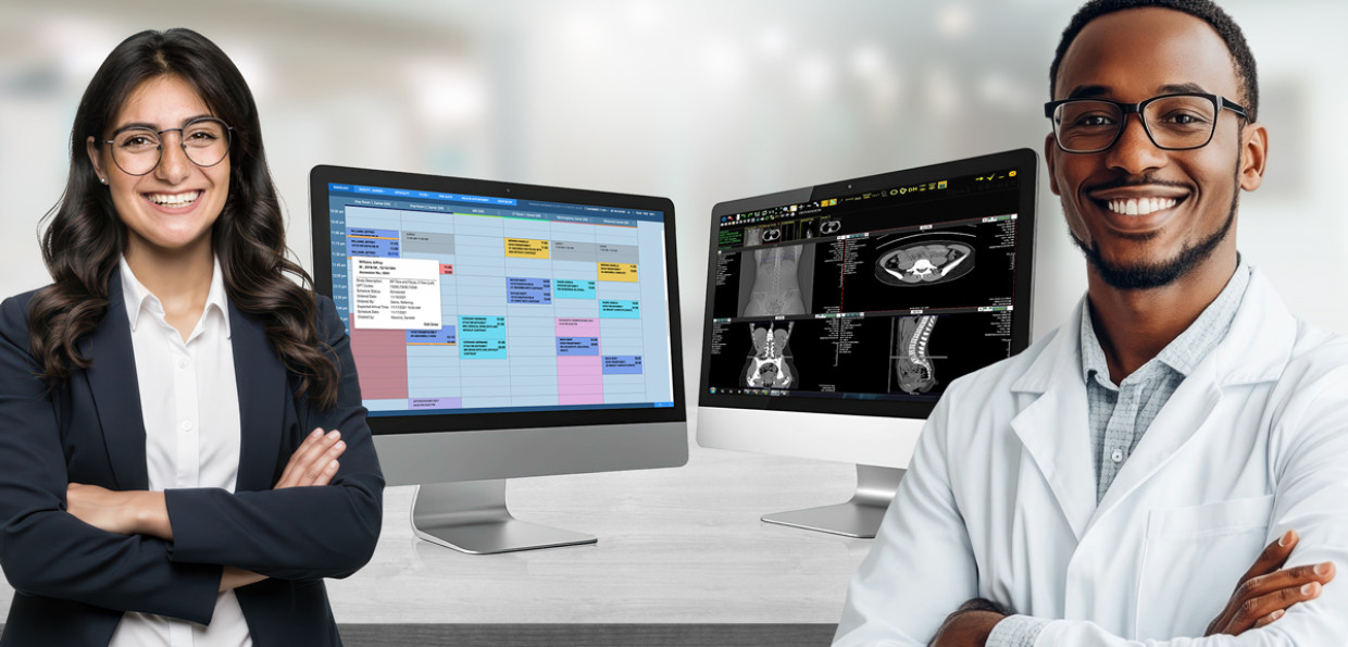 Two healthcare professionals stand with smiling faces in front of dual computer displays showing a clinic scheduling calendar and medical imaging tools.