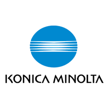 Konica minolta logo: blue circle with white horizontal stripes and the brand name underneath.