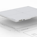 White, flat network router with ports on the side, floating over technical blueprints or schematics.