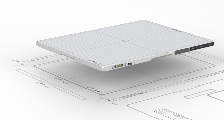 White, flat network router with ports on the side, floating over technical blueprints or schematics.