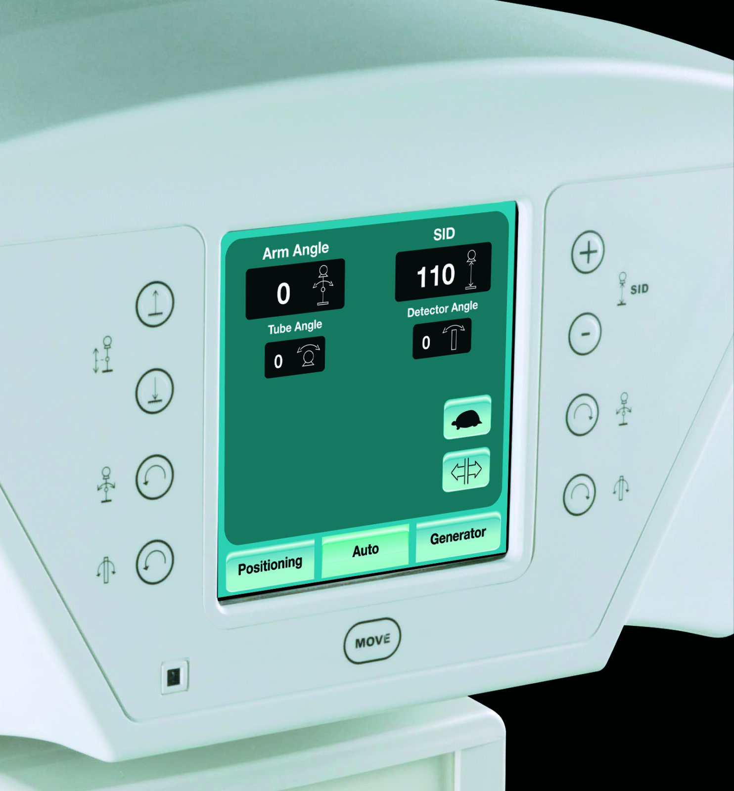 Touchscreen control panel on a medical device showing arm angle, sid, tube angle, and detector angle values with associated icons; surrounding buttons visible on the device surface.