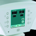 Touchscreen control panel on a medical device showing arm angle, sid, tube angle, and detector angle values with associated icons; surrounding buttons visible on the device surface.
