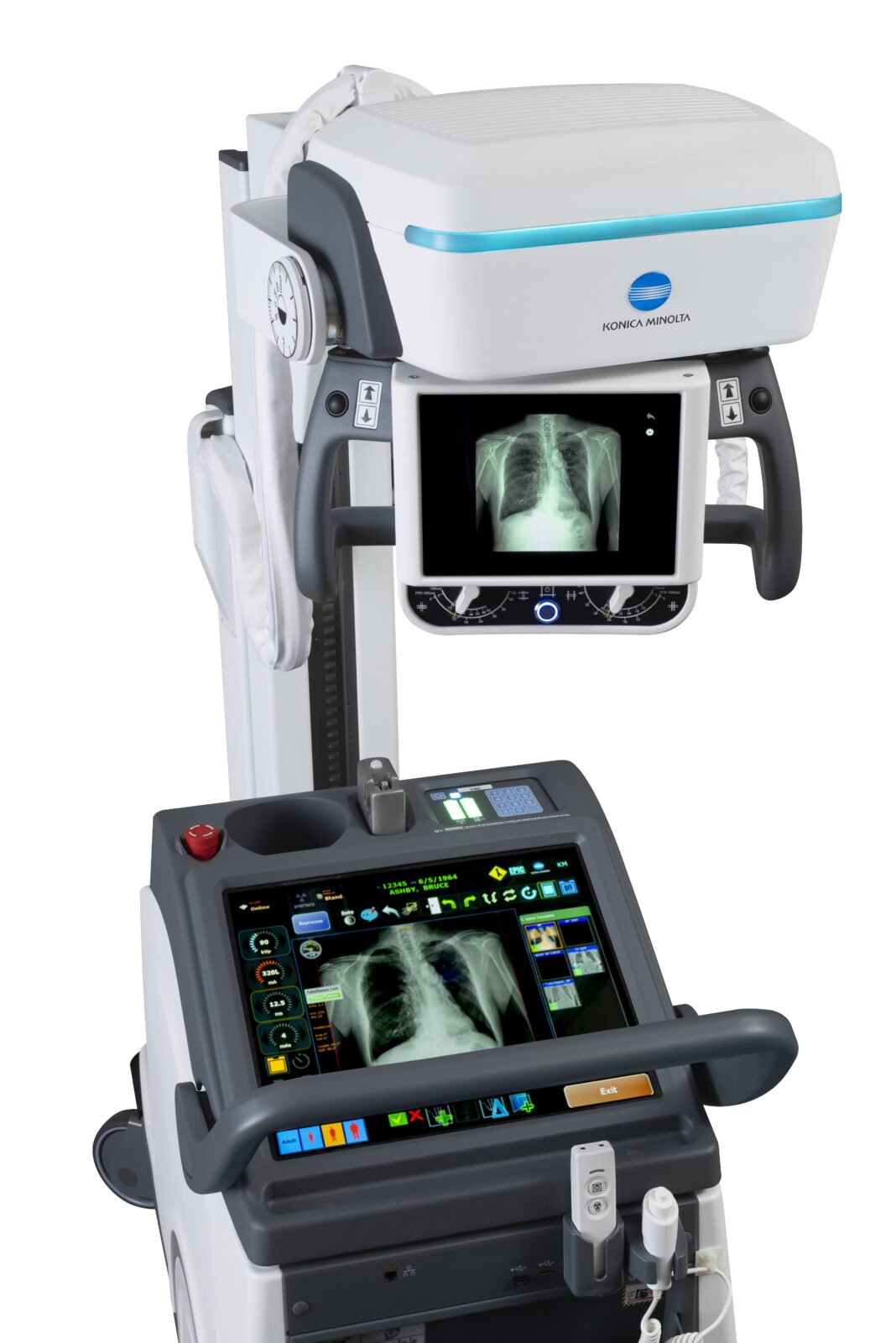 Medical imaging device (x-ray radiography system) with chest x-ray on the screen and control panel nearby