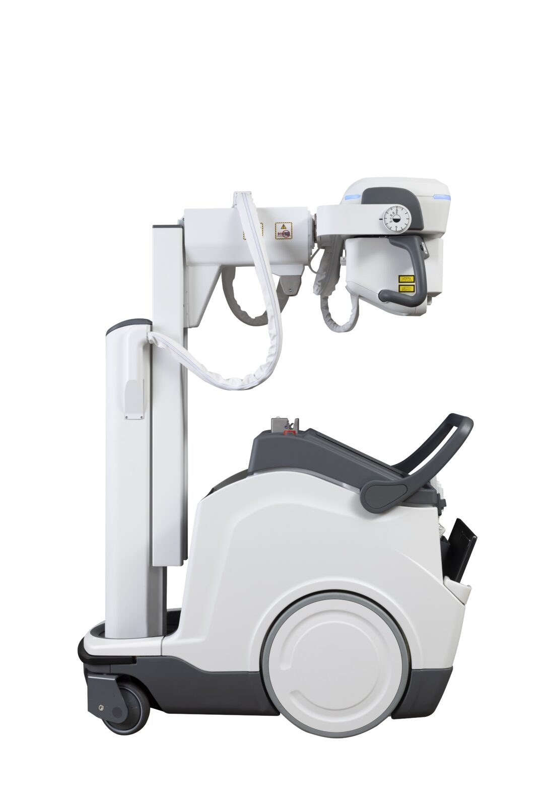 Dental x-ray machine mounted on a vertical stand with an articulating arm and a wheeled base for mobility.