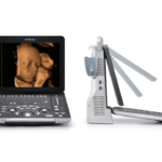 Mindray portable ultrasound with monitor displaying a 3d fetus image beside the handheld probe side view
