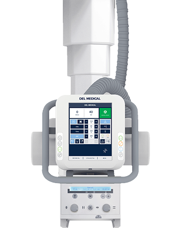 Front view of a del medical ventilator with a color touch screen and flexible breathing tubes connected to the unit, mounted within a frame.