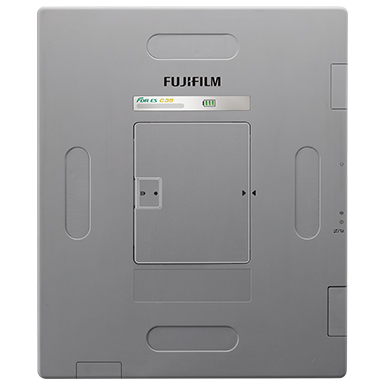 Bottom view of a gray fujifilm device showing a central battery/compartment door and recessed handles on each side.