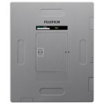 Back view of a fujifilm device with a central battery hatch, logo and indicator lights above, and two side grips.