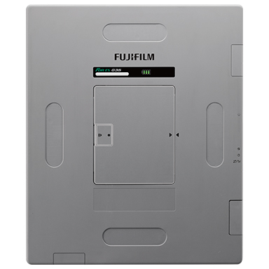 Back view of a fujifilm device with a central battery hatch, logo and indicator lights above, and two side grips.