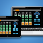 Tablet and laptop displaying a color-coded control dashboard with blue, green, orange blocks.